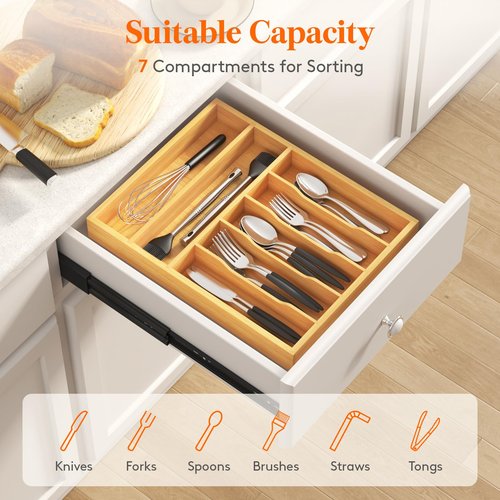 Lifewit Silverware Drawer Organizer, Utensil Tray for Kitchen, Flatware and Cutlery Holder, Storage for Spoons Forks Knives, 33 x 42cm, Natural
