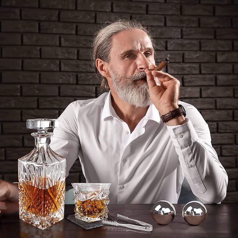 Whiskey Decanter Set, Whiskey Stones Gift Set for Men, Gifts Box with Reusable Stainless Steel Balls, Glasses, Decanter, Slate Coasters and Tongs for Dad, Boyfriend