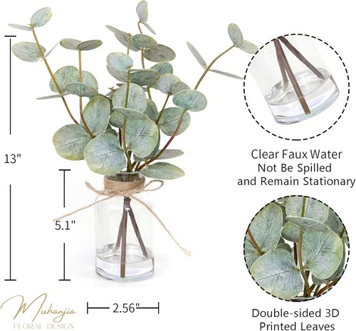 Muhanjia Artificial Eucalyptus Stems - 3Pcs Faux Plant in Glass Vase with Faux Water | Double-Sided Green Leaves Centerpiece