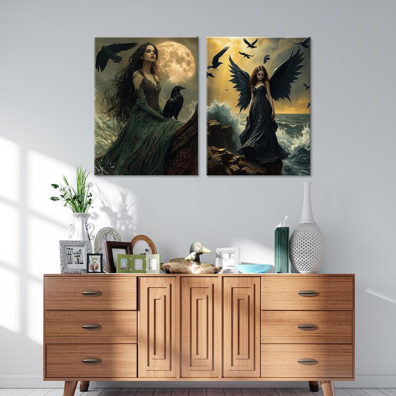 ouiytws Mystic Gothical Wall Art - Dark Fantasy Raven Witch and Black Winged Angel Artwork, Ocean and Moon Theme Canvas Print, Gothic Decor for Bedroom and Living Room, 2 Panels (16"x24" Each)