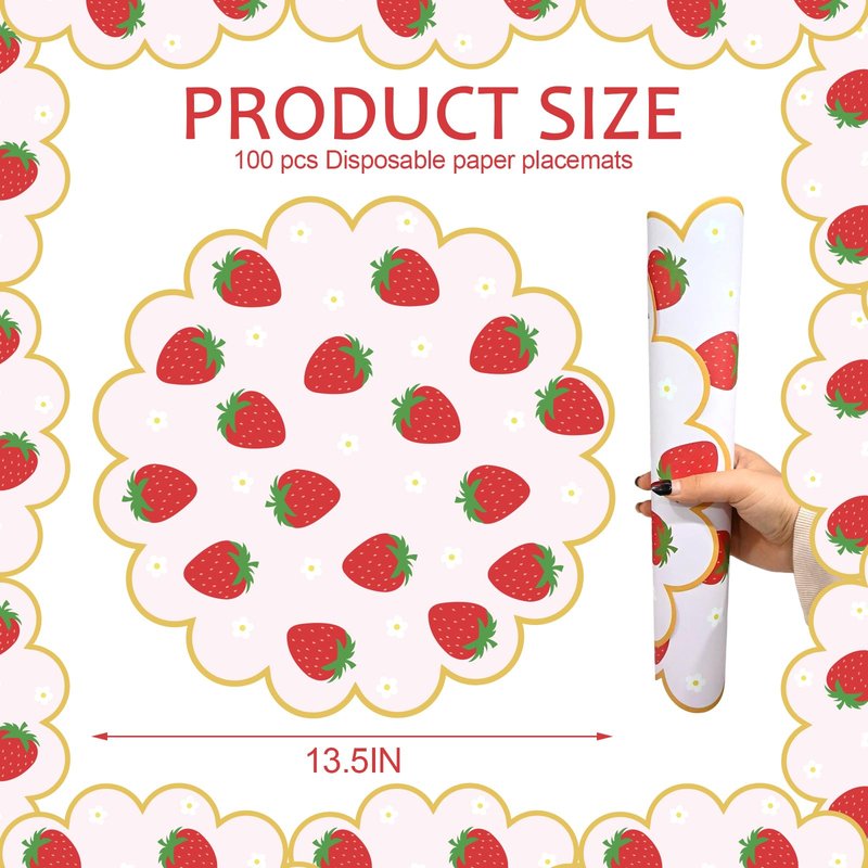 100Pcs Strawberry Paper Placemats Pink Fruit Place Mats 13.5 Inch Disposable Round Decorative Dining Table Mats with Scalloped Edges Paper Cutouts for Spring Birthday Bridal Wedding Party Supplies