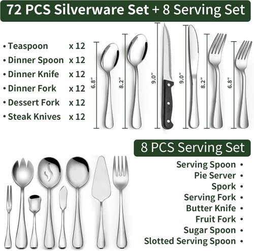 CEKEE Stainless Steel Silverware Set - 80 Pieces Flatware with Serving Utensils for 12 | Dishwasher Safe