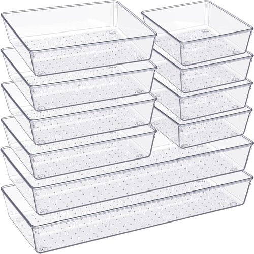 Criusia Drawer Organizer - 10 Pack Large Clear Plastic Storage Bins for Makeup & Kitchen Utensils | Versatile Trays