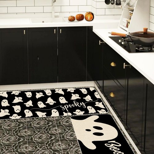 JarThenaAMCS Halloween Ghost Kitchen Mat Set of 2 Black Spooky Ghost Boo Kitchen Floor Mats Cute Non-Slip Door Rugs for Halloween Party Home Bathroom Entrance