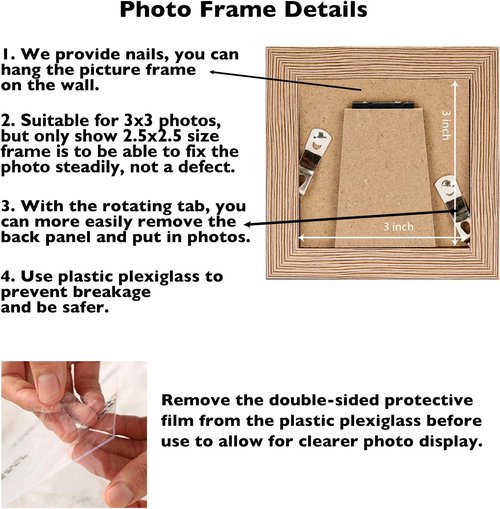 JCJMY 3x3 Picture Frame - Sturdy Rustic Brown Photo Frame with Shatter-Resistant Plexiglass