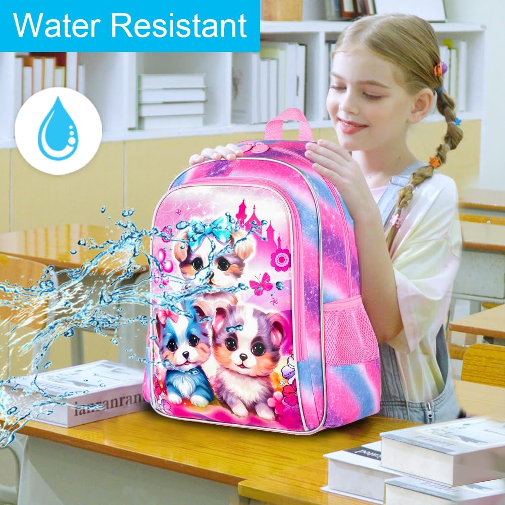 gxtvo 3PCS Girls Dog Bookbag, 16" Kids Backpackwith Lunch Box, Water Resistant School Bag for Elementary Preschool Toddler