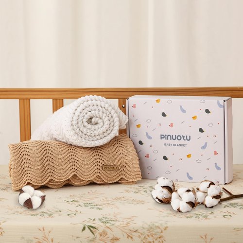 Pinuotu Cotton Knitted Baby Blanket – Neutral Swaddle Receiving Blanket for Newborn, Toddler, Boys & Girls, Crib or Stroller Blanket with Gift Box, 31×40 Inch (White)