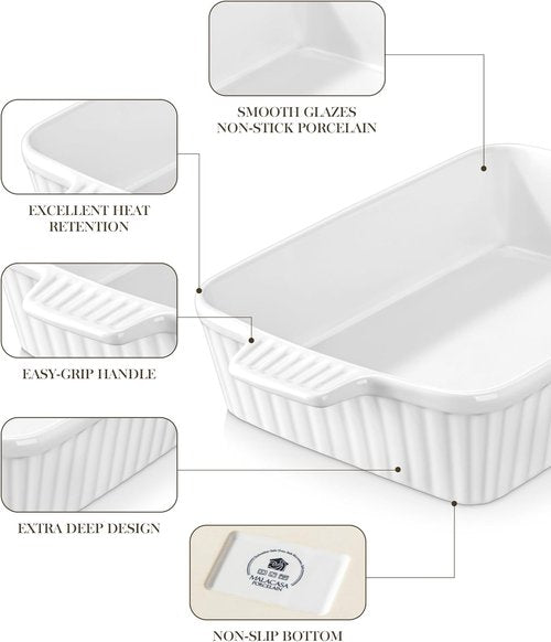 MALACASA Porcelain Casserole Dish Set - Versatile Bakeware Set of 5 (9.5" to 15.6") for Oven Use