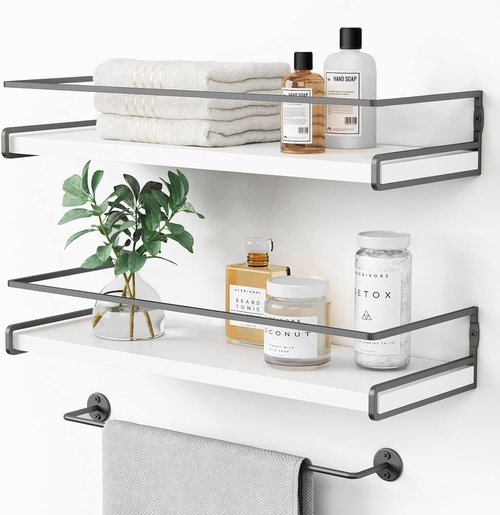 Forbena Floating Bathroom Shelves - Wall Mounted Organizer with Towel Rack | Set of 2 (White-Dark Grey)