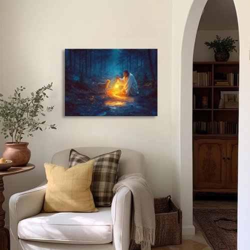 Christian Wall Art | Jesus and Lamb Canvas Decor - Prayer Room Serenity Prayer (24" x 16")