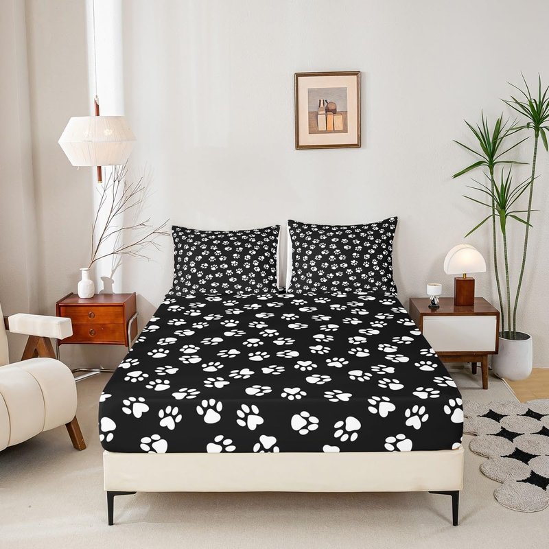 Homewish Dog Paw Print Kids Sheet Queen Size,Kawaii Pet Bedding Set,Boys Girls Adults Bedroom/Xmas/Halloween Decor,Cartoon Animal Black White Simple Bed Sheet Set 4pcs(Fitted + Flat + 2 Pillowcases)
