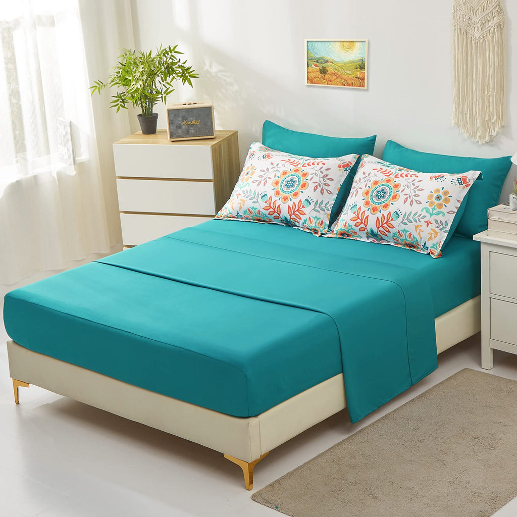 DHSFKBE Boho Comforter Set Queen - 7 Pieces Bed in a Bag Floral Medallions Design, Bohemian Comforter Set with Sheets, Soft Microfiber Complete Bedding Sets All Season (Teal Blue, Queen)