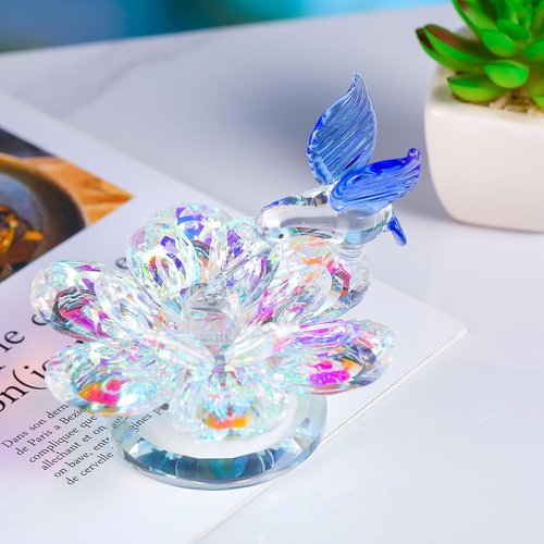 Movdyka Crystal Figurine - Blue Hummingbird Lotus Flower Decor | Sparkling Glass Ornament for Women