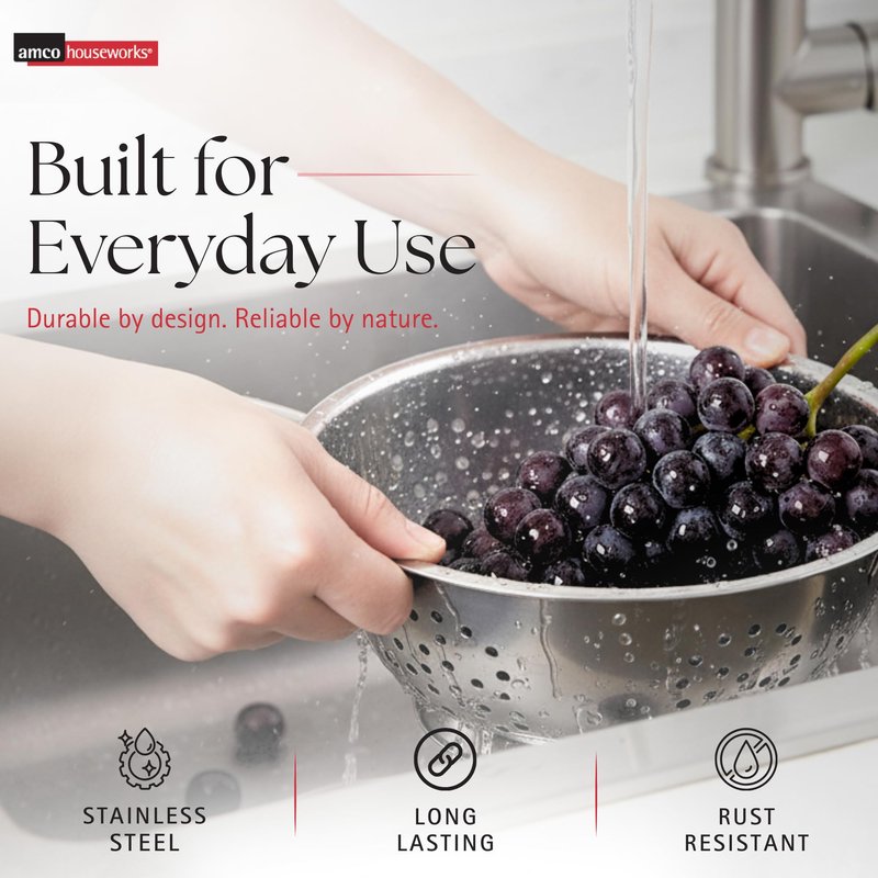 Amco 3-Piece Stainless Steel Colander Set - Multiple Sizes - 1.5, 3, 5 Quart - Durable, Professional Grade Design with Handles for Easy Transfer - Ideal Kitchen Strainer for Cooking & Washing