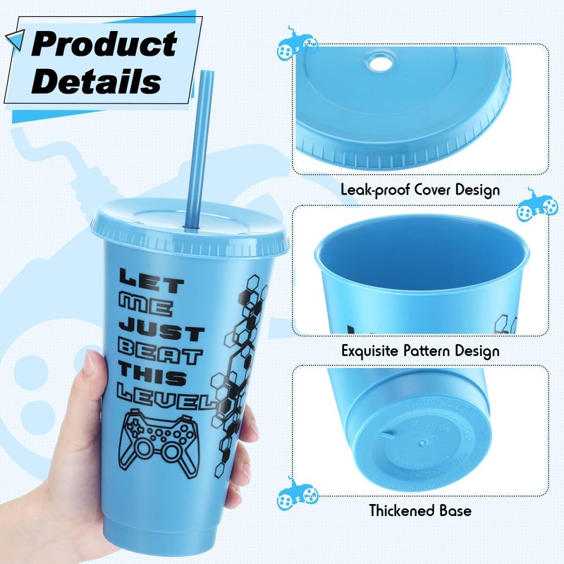 Mifoci Video Game Plastic Cups with Lids and Straws Reusable Tumbler with Lid and Straw Cute Iced Coffee Travel Cups Mug Water Bottle for Adult Kid Gaming Birthday Supplies(Blue,12 Pcs)