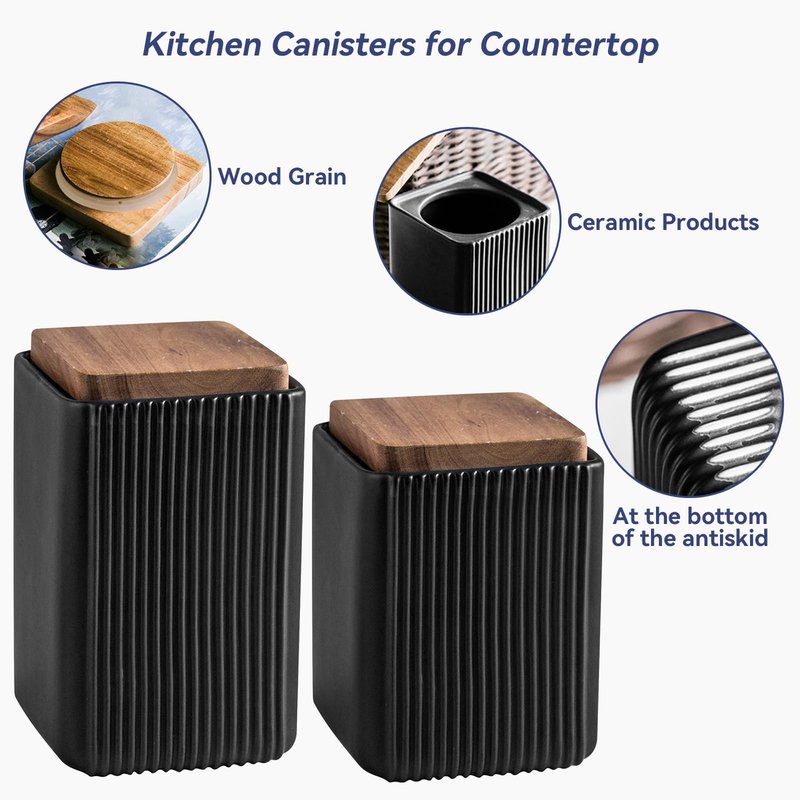 Ceramic Storage Jars Modern Elegant Polished Airtight Gorgeous Storage Canisters with Wooden Lid Small Food Stroage Jar for Kitchen Spice Tea Vanilla Sugar Coffee Beans (Black,Large size,17cm*10cm)