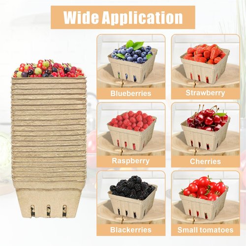 30 Pcs Natural Pulp Fiber Berry Basket Small Vented Berry Picking Basket Small Container Holder for Fruits Vegetable Farmer Market Grocery (30)