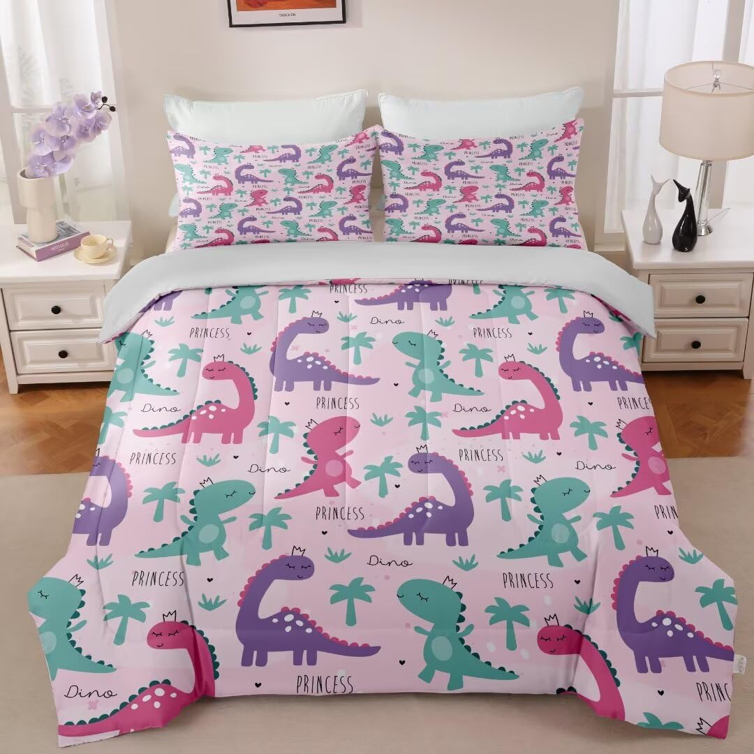CKOU CCOO Full Dinosaur Bedding Set for Girls Teens Kids, Cute Dinosaur Pink and Green Comforter Set with 2 Pillowcases, Kawaii Animals Comforter Girl Dino Bedroom Decor