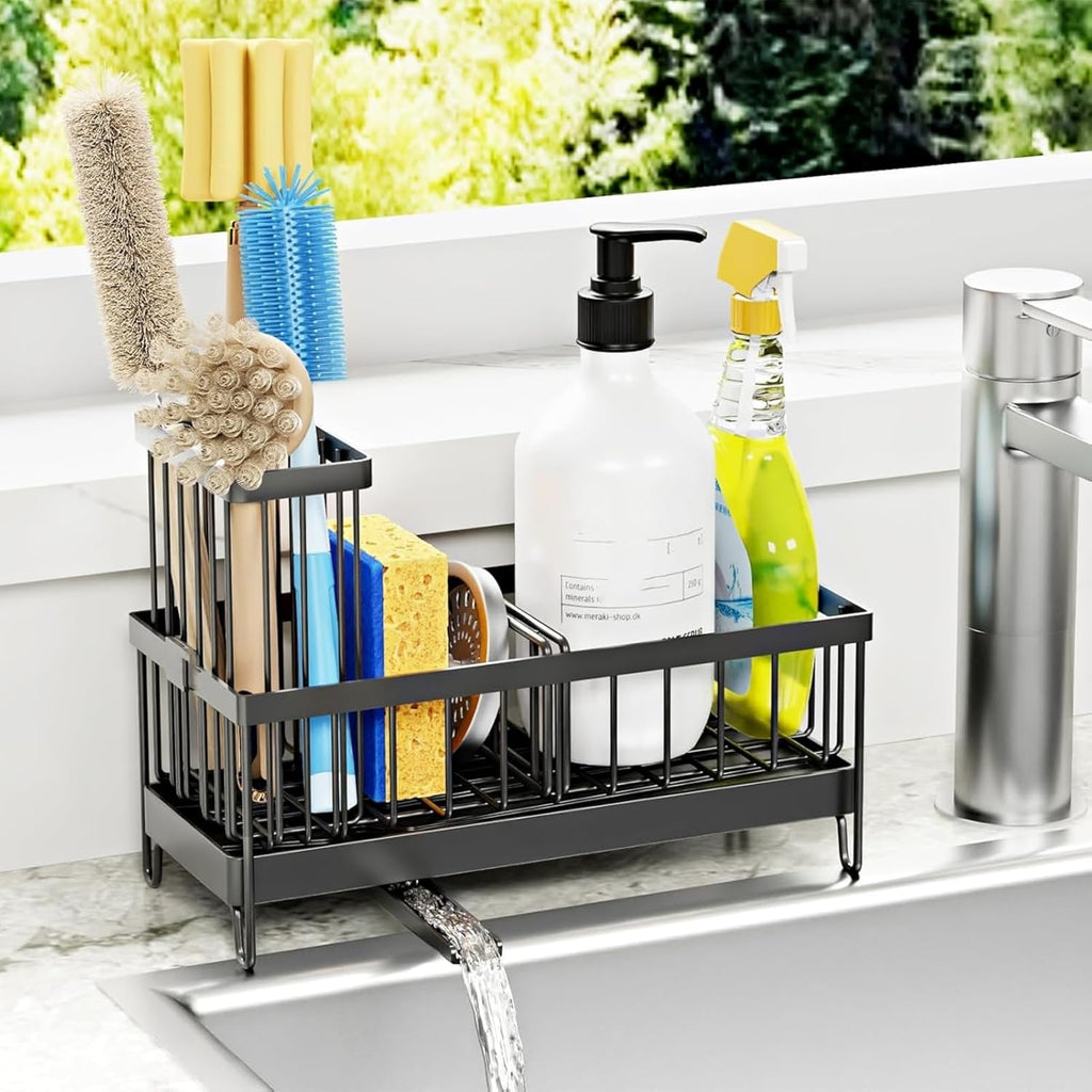 Skiennix Sponge Holder - Auto Draining Sink Caddy Organizer with Brush Holder | Stainless Steel Kitchen Accessory