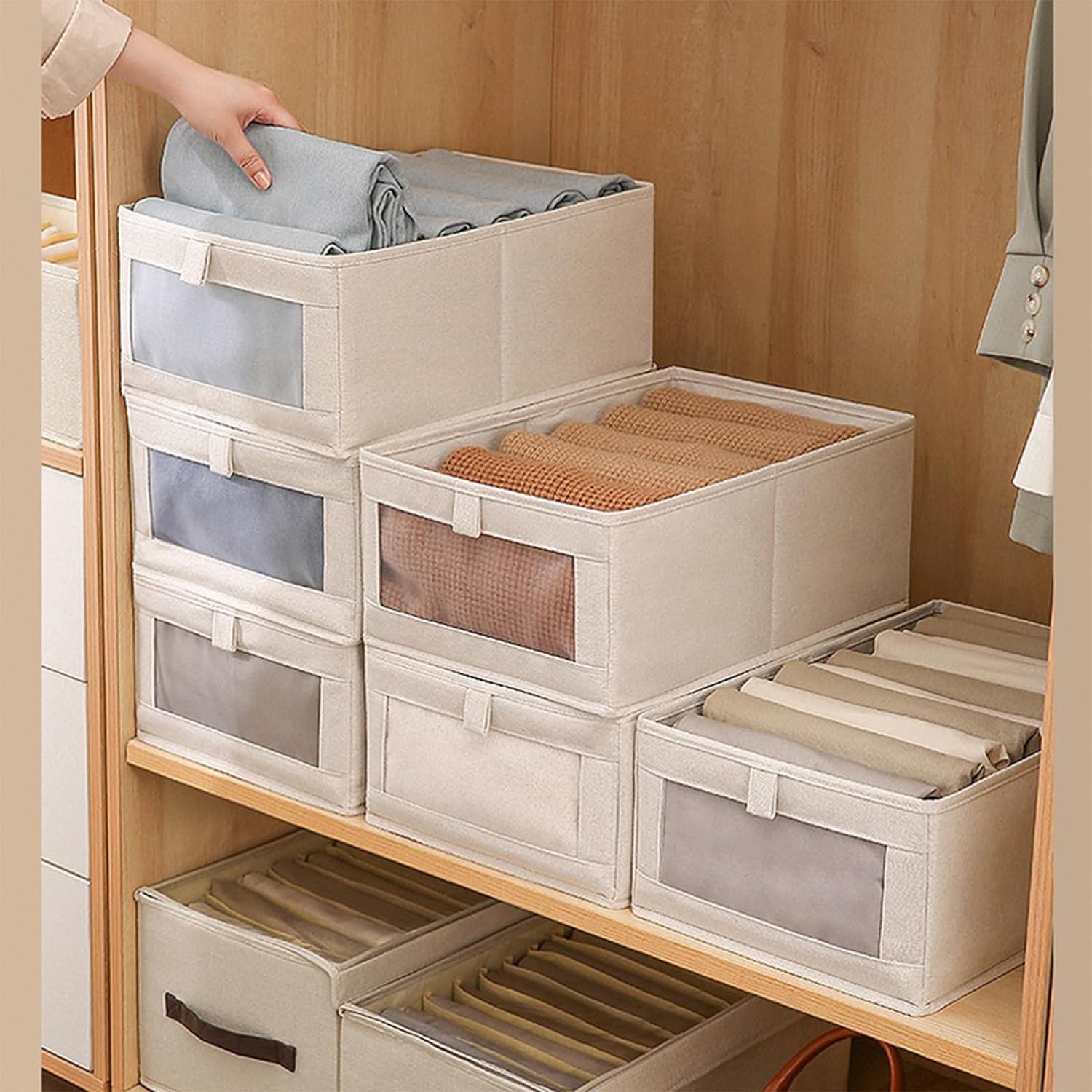 **Skiennix Linen Closet Organizers - 6 Pack Foldable Storage Bins with Clear Window for Clothing**
