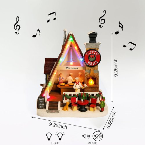 Moments In Time Pizza Shop Scene - Handcrafted LED Musical Pizzeria Holiday Decoration | Tabletop Display