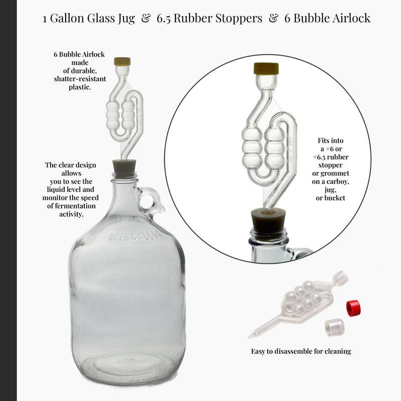 North Mountain Supply 1 Gallon Glass Fermenting Jug with Handle – Set of 4 – Includes 6.5 Rubber Stoppers, 6-Bubble Airlocks, Black Plastic Lids, and Cleaning Brush – 38mm CT Finish