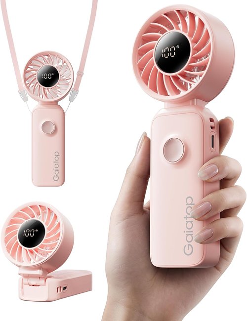 Gaiatop Portable Handheld Fan - 5 Speed Rechargeable with 18-Hour Battery Life | 3-in-1 Neck, Desk & Hand Fan - Pink