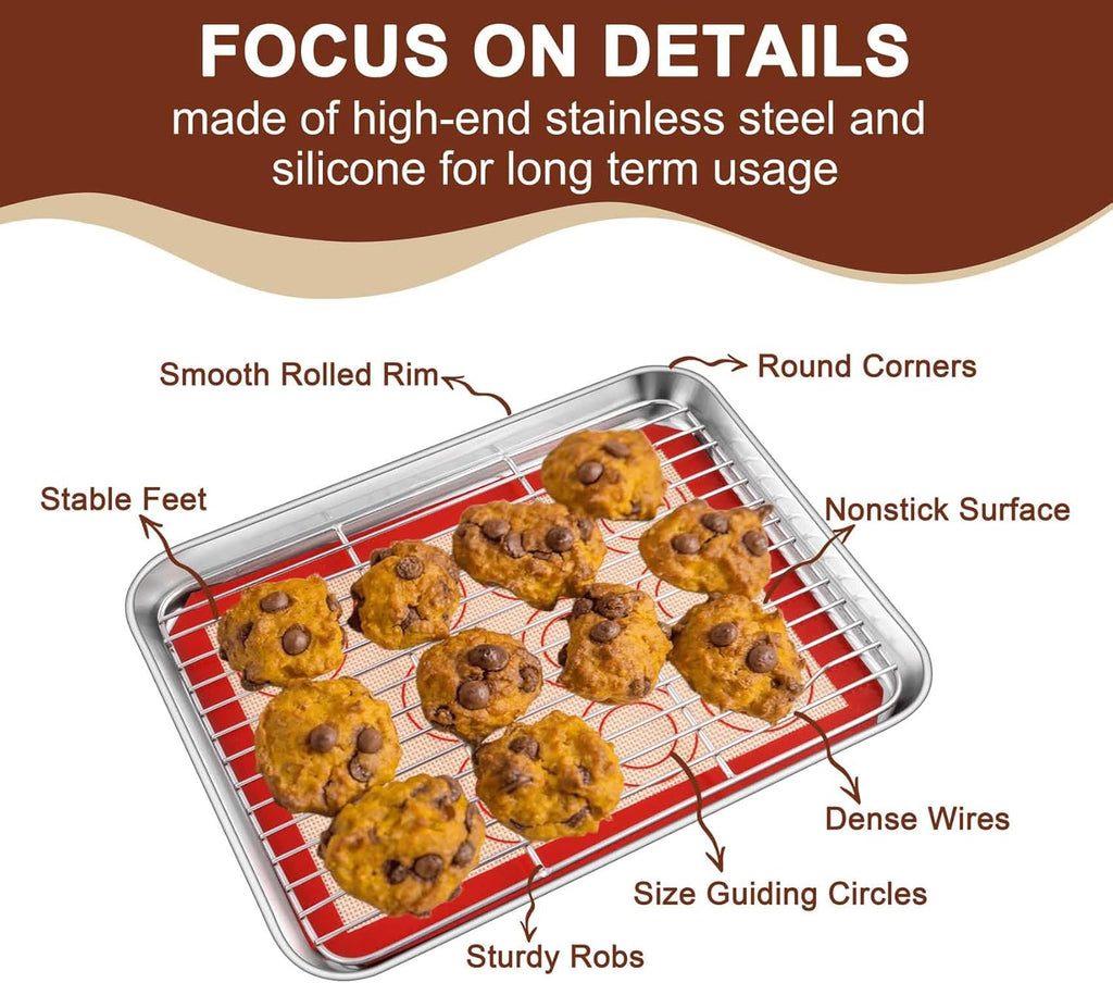 TeamFar Stainless Steel Toaster Oven Tray Set - 9.3-Inch Baking Sheets with Cooling Racks & Silicone Mats - Non-Toxic & Easy to Clean