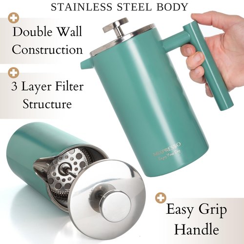 Mixpresso Green Stainless Steel French Press Coffee Maker 26 Oz 770 Ml, Double Wall Insulated French Press Stainless Steel, Easy Clean Tea Brewer, Easy Press Durable Metal Coffee Press