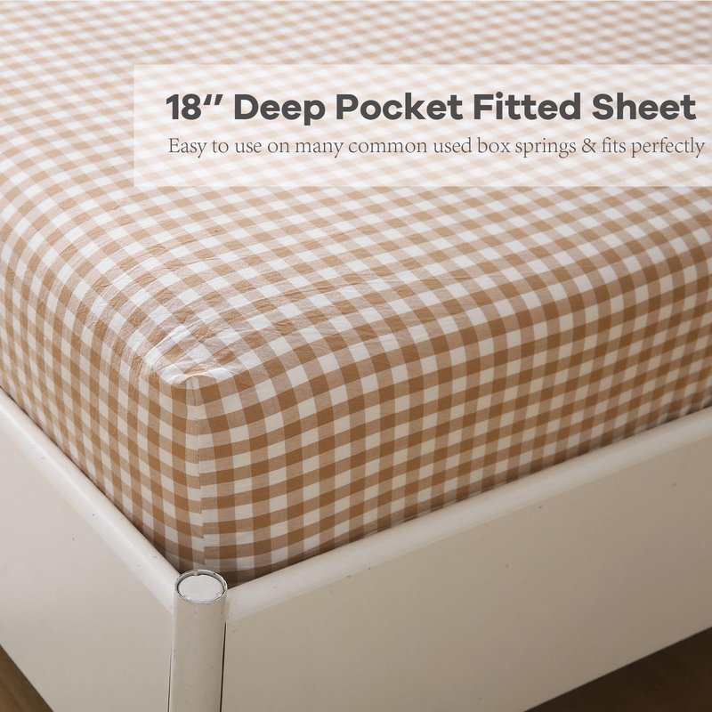 K MASANIJI Taupe White Plaid Ruffle Sheets Queen Size 4-Piece Set, 300TC 100% Yarn Dyed Washed Cotton Checker Sheets 18'' Deep Pocket Farmhouse Gingham Decorative Bedding（Taupe/White Plaid, Queen）