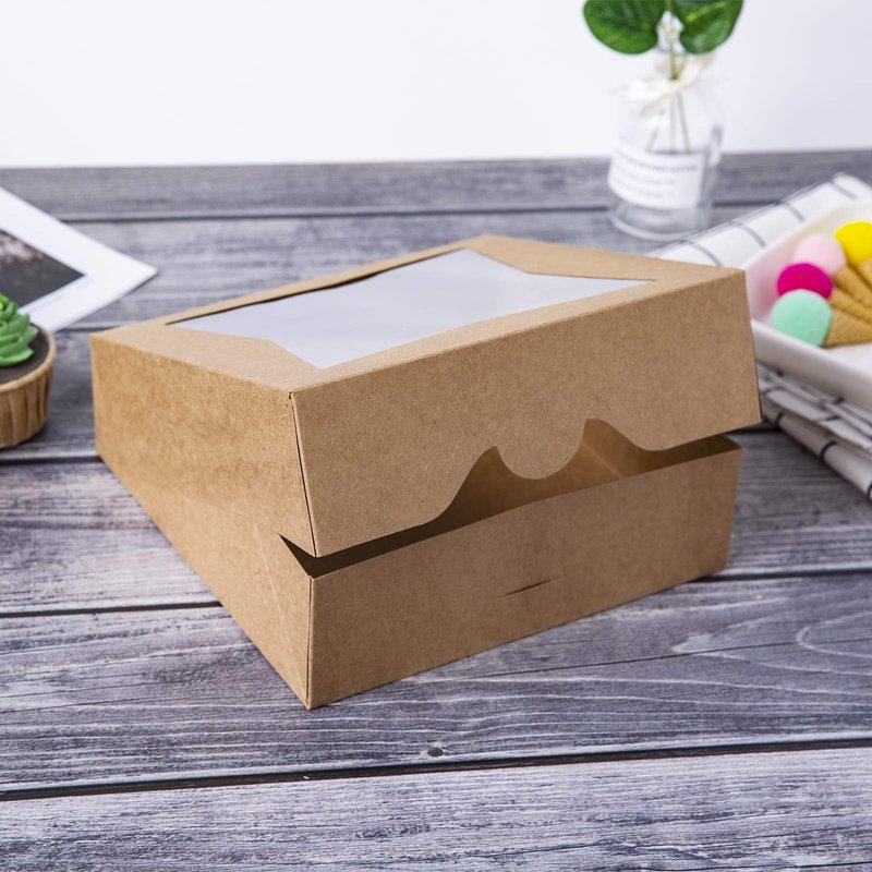 ONE MORE [15pcs] 8" Brown Bakery Pie Boxes, Kraft Cardboard Cookie Box with Window Auto-Popup Natural Disposable Pastries Boxes 8x8x2.5inch,Pack of 15