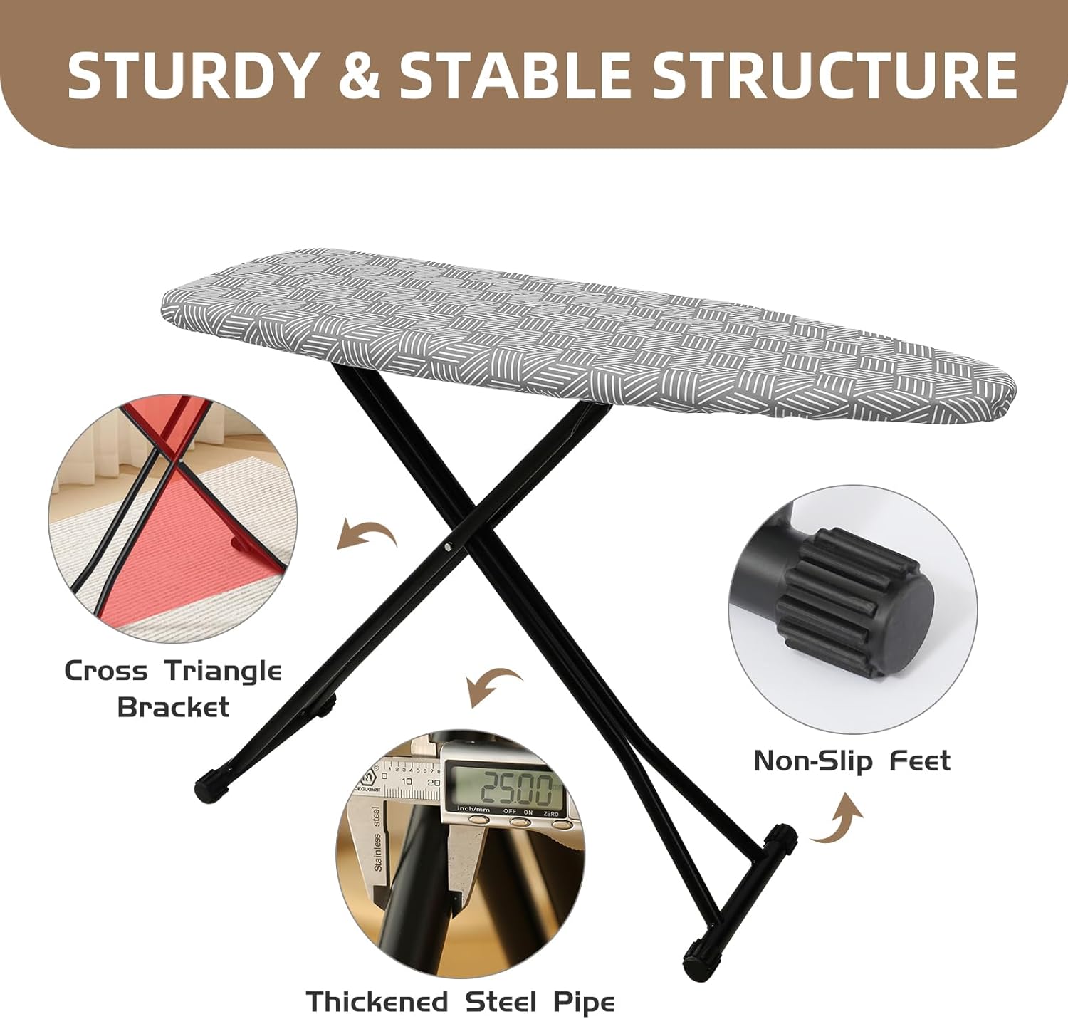 Regine Switzerland Adjustable Height Folding Ironing Board - Heat-Resistant Cover, Compact Design (Grey)