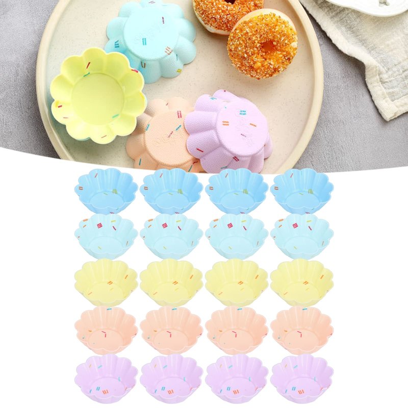 Silicone Cupcake Baking Cups, 20Pcs Reusable Small Muffin Liners Nonstick Pastry Muffin Molds Fancy Dessert Tray Petal Flower Set