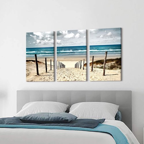 Sea Whisper Coastal Beach Wall Art Bedroom: 3 Pieces Ocean Picture Seaside Painting Print on Seascape Artwork for Living Room Bathroom Decor(16x26)