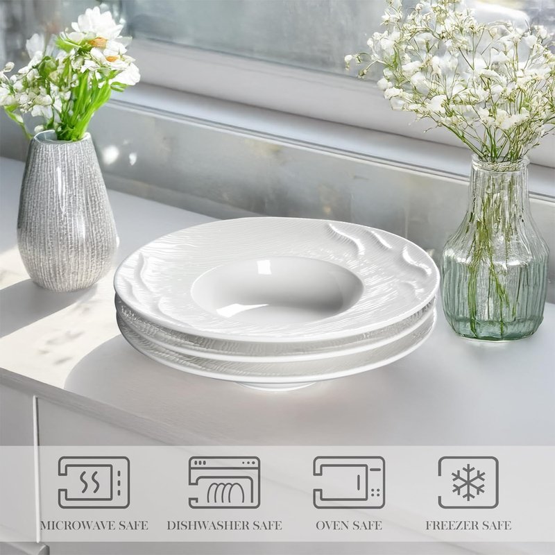 dingdaer Ceramics Rimmed Soup bowls Set of 4, Embossed Wide Rim Small Mouth Pasta Plates 10.2 OZ/300 ml, Microwave Dishwasher Safe, for high end restaurants and best choice for gourmets, 9.45 Inch
