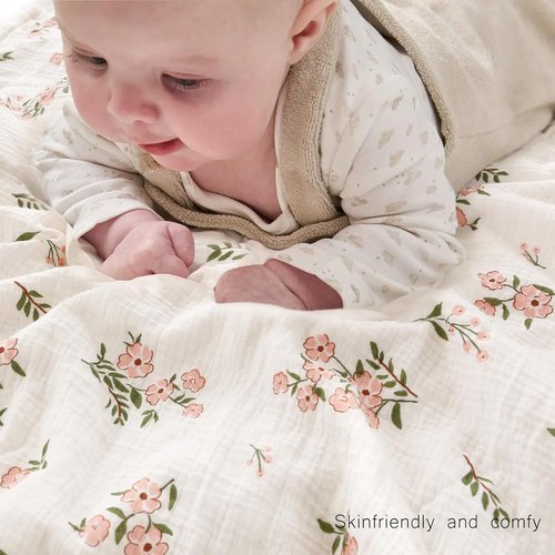 BOPRIO Muslin Baby Blanket - Super Soft Minky with Breathable Cotton Front | Pink Floral 30 x 40 Inch