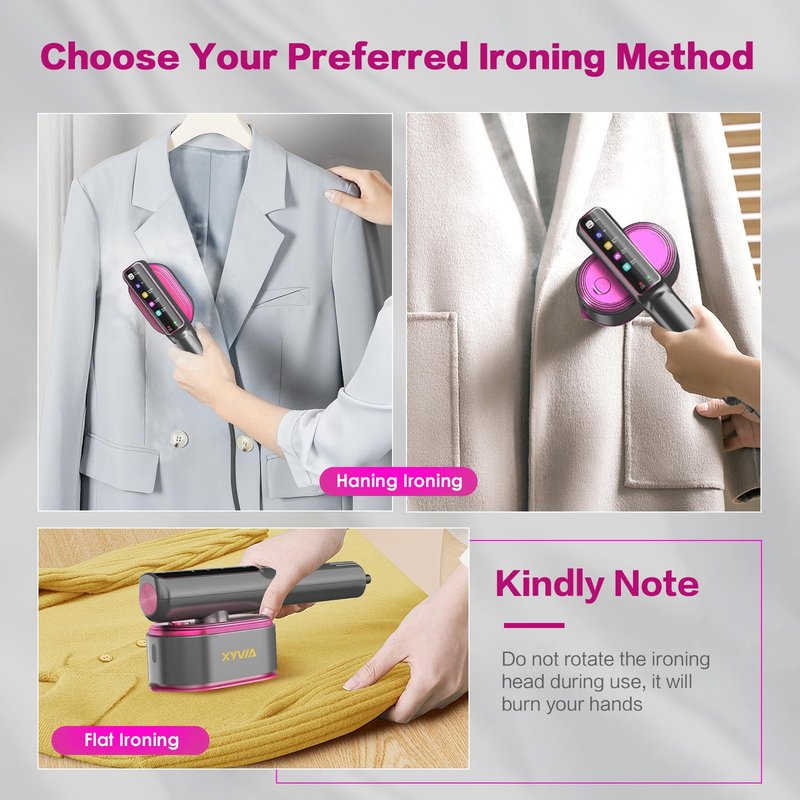 XYVIA Handheld Garment Steamer 15-Second Fast Heat-Up 5 Mode LCD Touch Display Portable 1200W Steamer for Clothes 110ml Tank Wet/Dry Ironing for Travel Home & Business (Gray Purple)