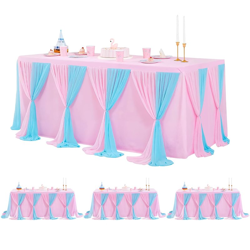 Pink Blue Tulle Tablecloth 4Pack Stretchable Cross Table Cover 3 Sides for Wedding, Birthday, Party Decor, Banquet, Bridal Shower Fits Rectangle Tables 6ft