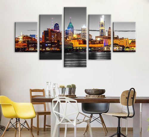 JiazuGo Philadelphia Skyline Wall Art for Living Room Wall Decor Black and White Night Scene Canvas Poster Decorations Office Bedroom Artwork 60" W×32" H