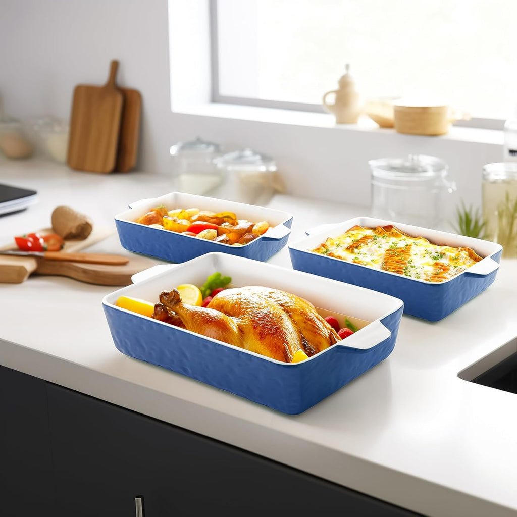 Regine Switzerland Casserole Dishes - Ceramic Baking Pan Set of 3 | Deep Lasagna Dish with Handles (11.6" x 7.8", Dark Blue)
