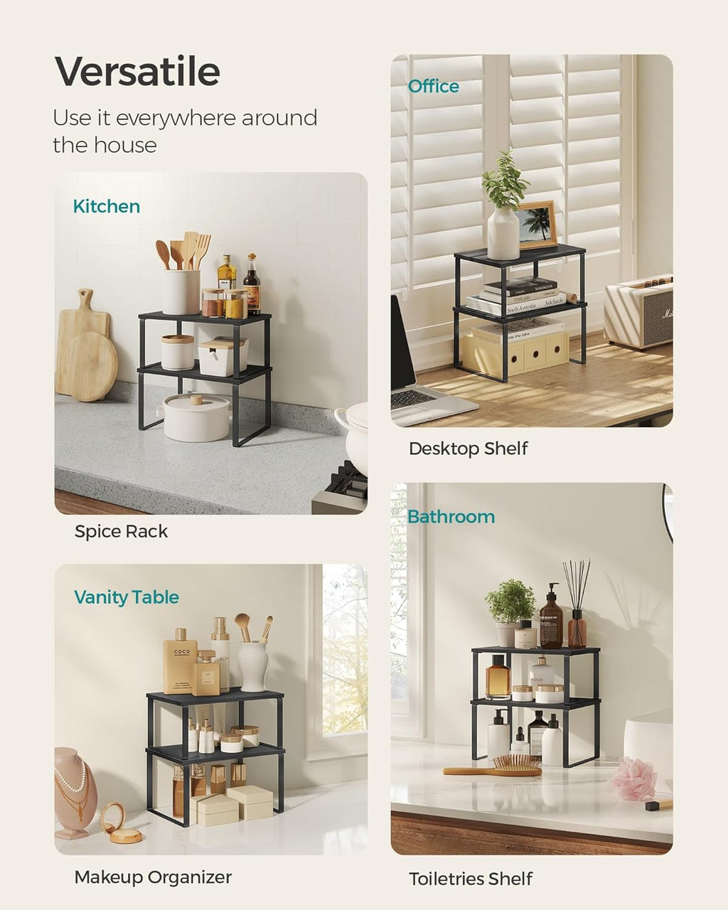 SONGMICS Kitchen Organizer Shelf Set - Stackable & Expandable Spice Rack - Metal & Engineered Wood - Ink Black & Ebony Black