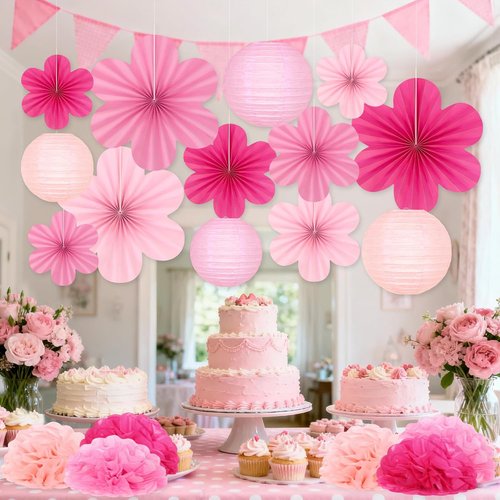 19 Pcs Pink Party Decorations - Light Hot Pink Lanterns, Paper Flowers & Tissue Pom Poms for Events