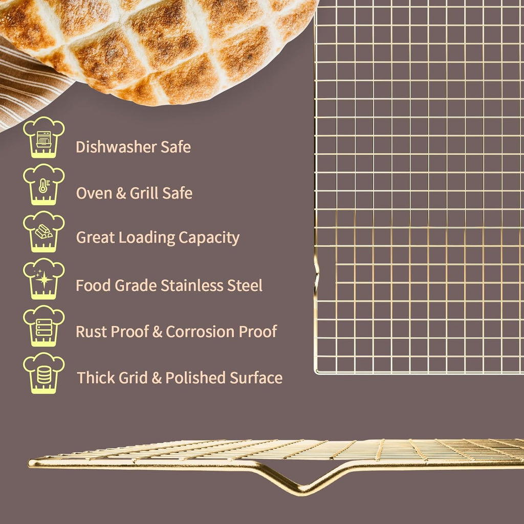 Skiennix Cooling Rack for Baking - 2-Pack 16x10 Inches, Oven Safe Thick Wire Design, Gold Finish