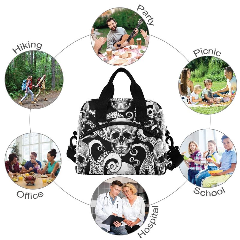 Sinestour Insulated Lunch Bag Reusable Cooler - Skull Lunch Box Adjustable Shoulder Strap for School Office Picnic Adults Men Women