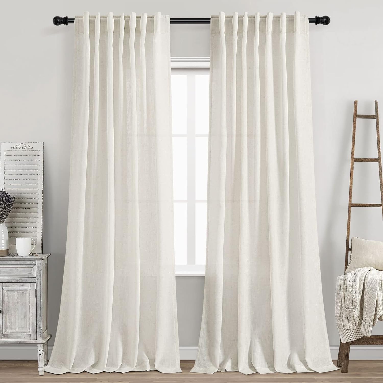 Skiennix Cream Linen Back Tab Curtains - 84 Inch Length | Semi-Sheer 2 Panel Set in Natural Ivory for Modern Farmhouse Decor