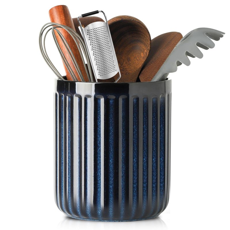 HASENSE Ceramic Utensil Holder, 7.3" x 6.2" Ribbed Utensil Crock for Farmhouse Decor, Porcelain Cooking Utensil Holder for Kitchen Countertop, Utensil Organizer for Housewarming Gift, Navy Blue