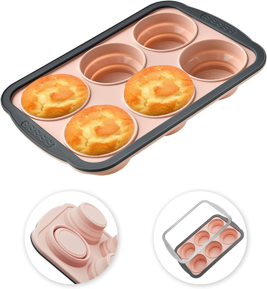 Skiennix Silicone Muffin Pan - Nonstick 6-Cup Baking Molds with Metal Frame | BPA Free & Dishwasher Safe, Pink