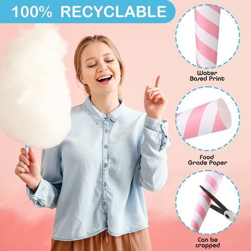 Cotton Candy Cones Striped White Cotton Candy Sticks Paper Cotton Candy Floss Sugar Cane Sticks Colorful Cotton Candy Cones for Cotton Candy Making Accessories Party Supplies (160 Pack)