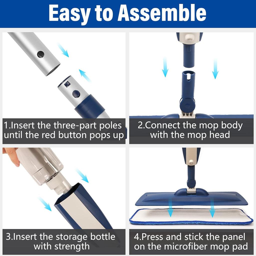 Skiennix Wet Spray Mop - 14 oz Refillable Bottle with 3 Washable Microfiber Pads | Ideal for Hardwood & Tile Floors