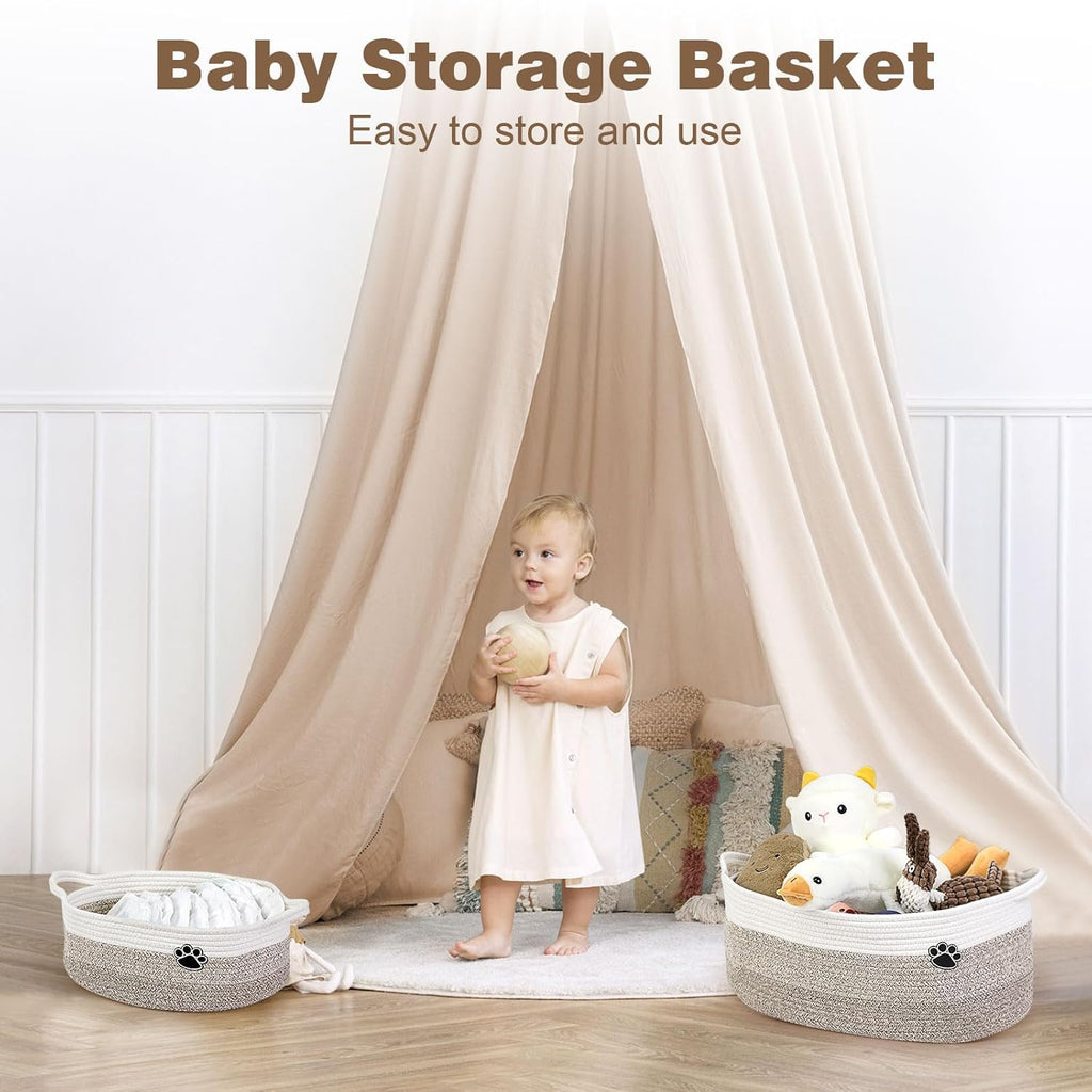 Optish Dog Toy Basket - Large Woven Rope Storage Bin for Dogs & Cats | 19.7" x 11" x 7.9" - White & Brown